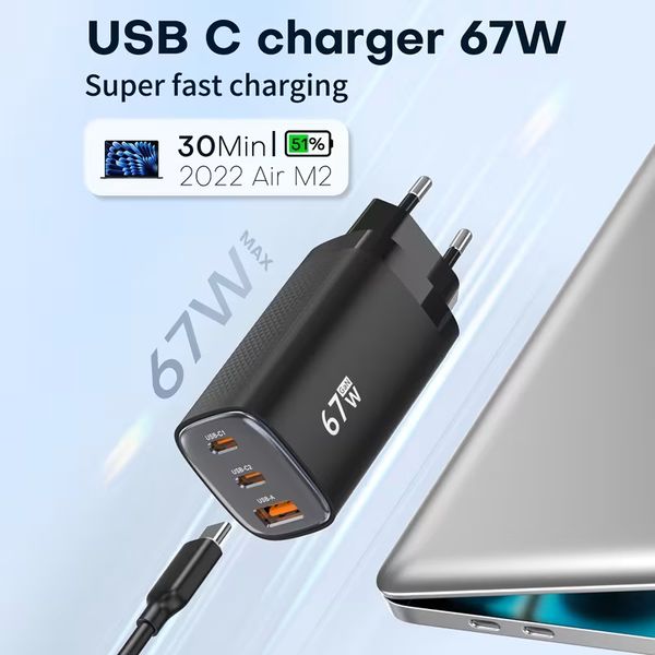 GaN 65-67W USB A - USB C Str&oslash;mforsyning-Lader 220V