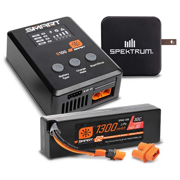 Spektrum Smart Powerstage-pakke: 1300mAh 3S 30C LiPo-batteri (IC2) / S100-lader / 65W strømforsyning / adapter